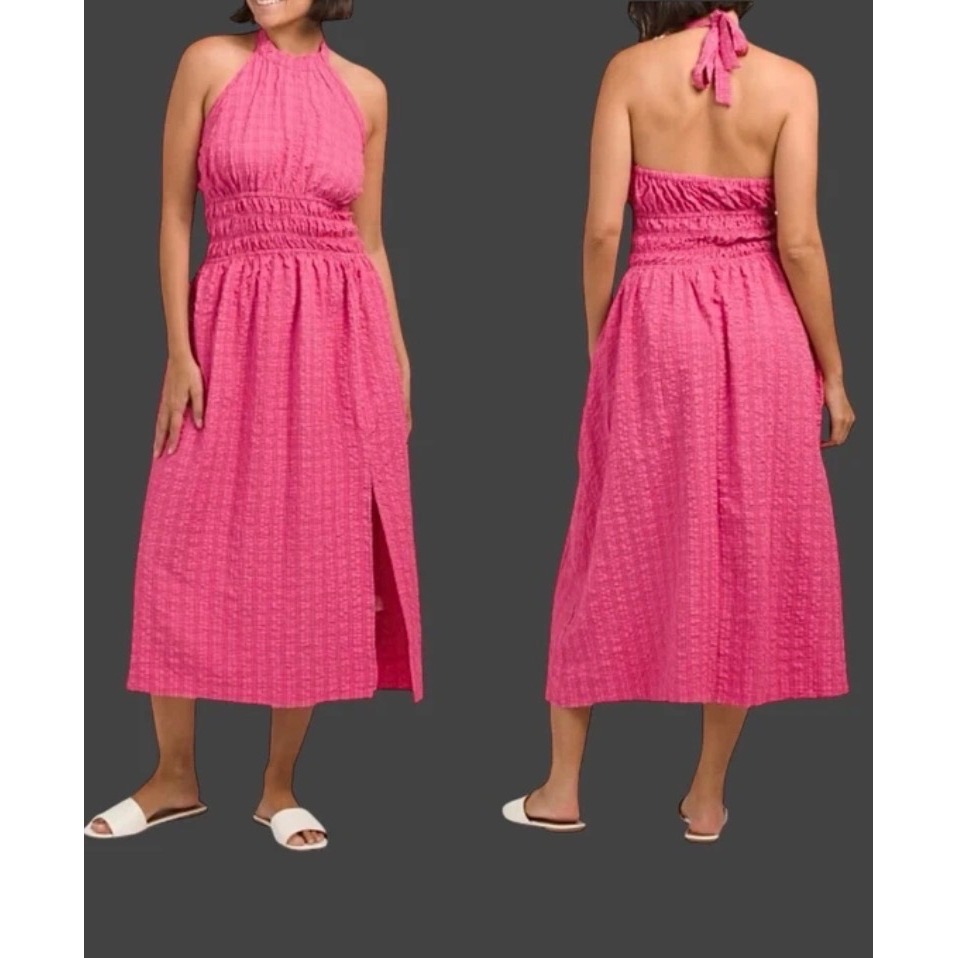 Melloday Magenta Textured Midi Dress High Neck Halter Side Slit Nwt Size Xs